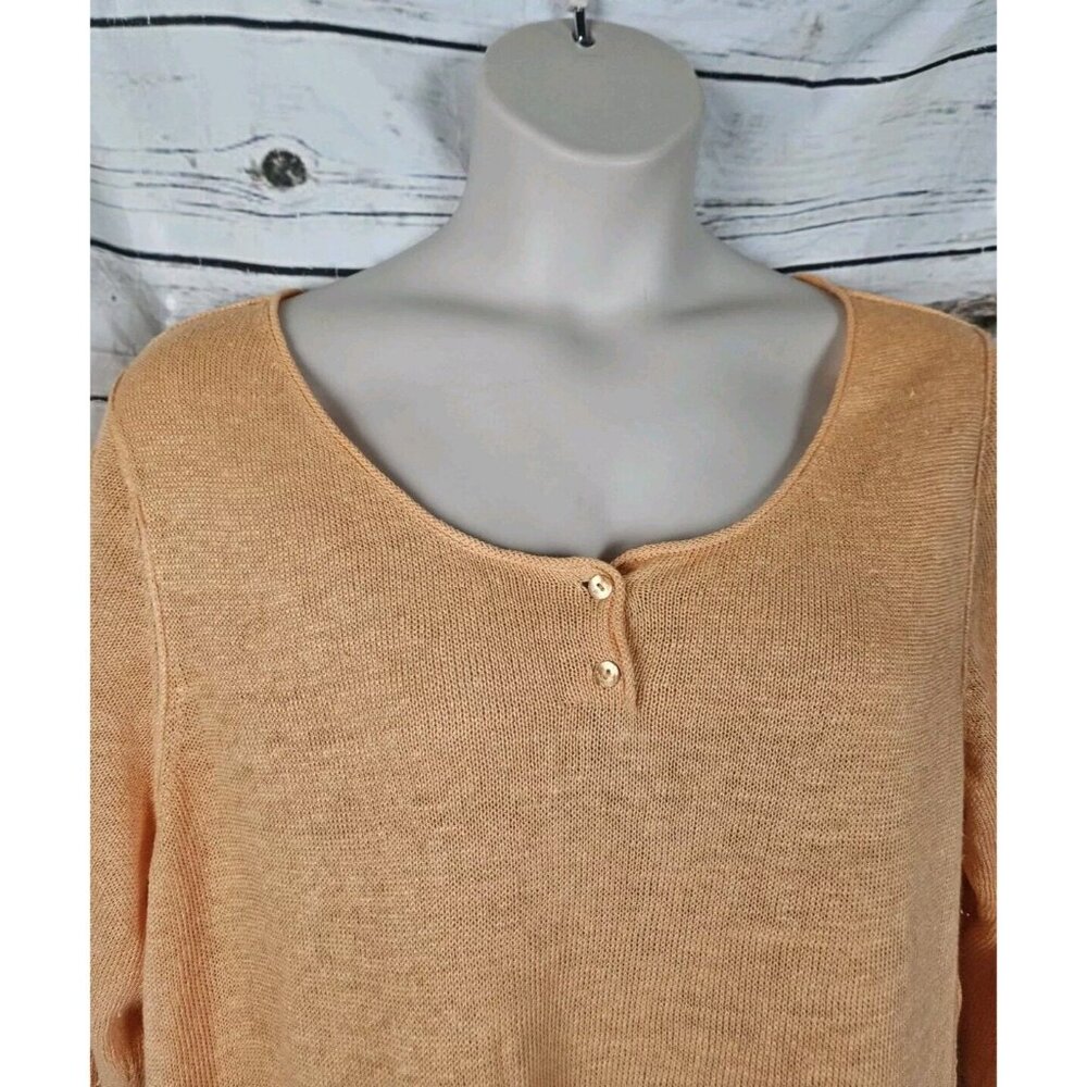 Eileen Fisher Orange Sherbet Sweater Top 100% Linen Beachy Henley Long Sleeves - Picture 3 of 7